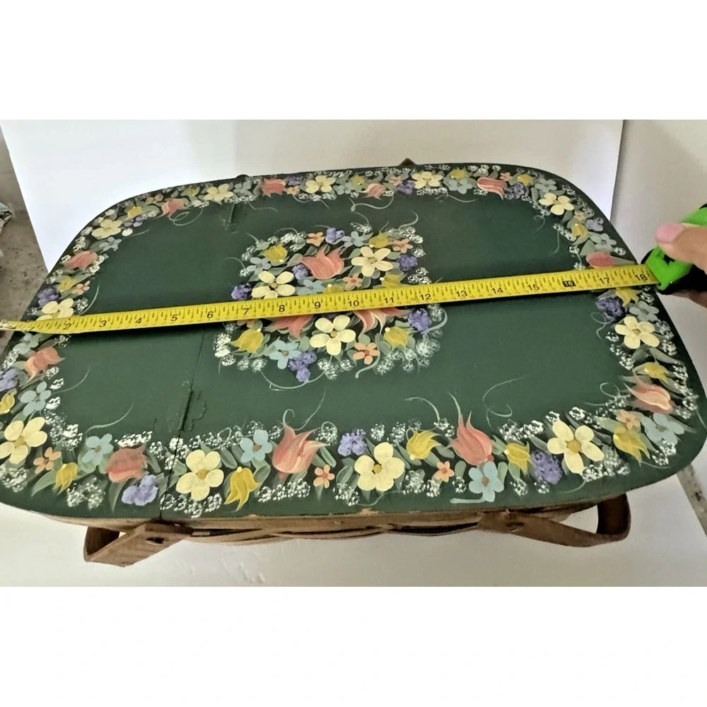 Wooden Picnic Basket Hand Painted Lined  Floral Lid Rustic Cottage Charm
